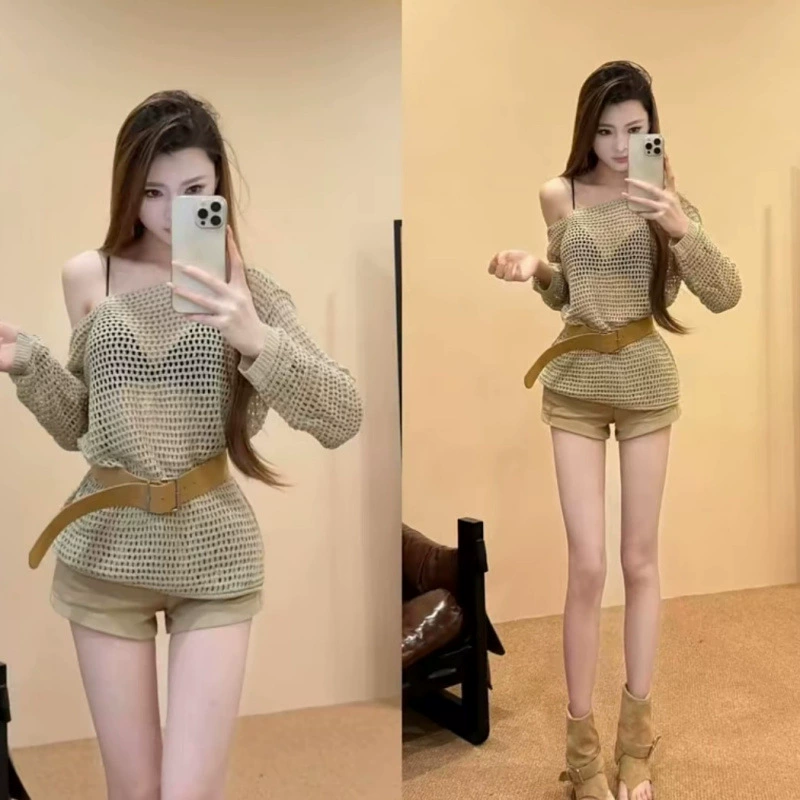 2025 новый летний стиль, интернет-знаменитость, тот же стиль, с длинными рукавами, свободная трикотажная блузка с косыми плечами, ленивая сексуальная рубашка для защиты от солнца
