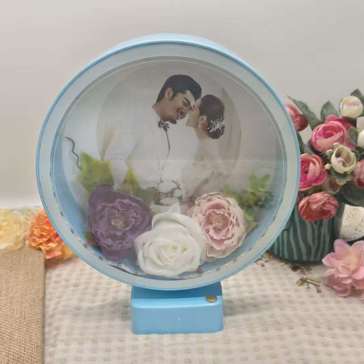 Lámpara de mesa led, espejo mágico, marco de fotos, rosa inmortal, bricolaje hecho a mano, cama terminada creativa, lámpara de boda para novias y novias