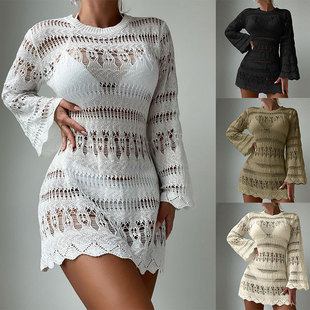 European and American style new beach blouse hollow mesh long sleeve sunscreen Hawaiian holiday bikini blouse