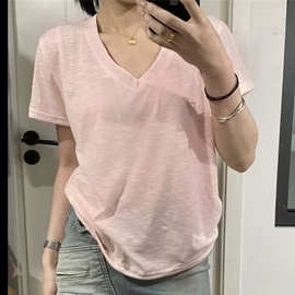新款冰爽雪花棉内搭短袖T恤女夏季纯色V领洋气打底衫休闲韩版上衣