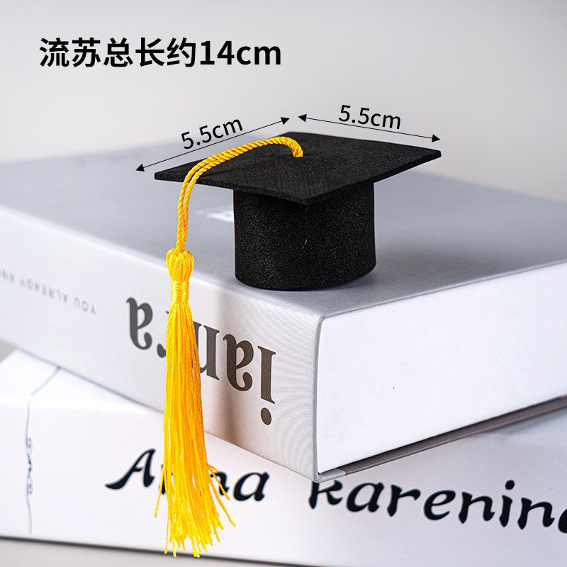 Mini sombrero de graduación de fieltro con flecos, decoración para muñecas y botellas de vino, ramo