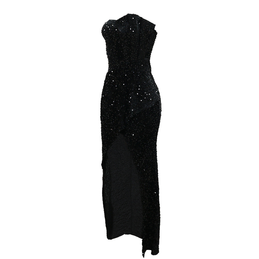 Sequined Evening Dress Sexy Tube Top Irregular Asymmetric Dress Trailing Dress Women