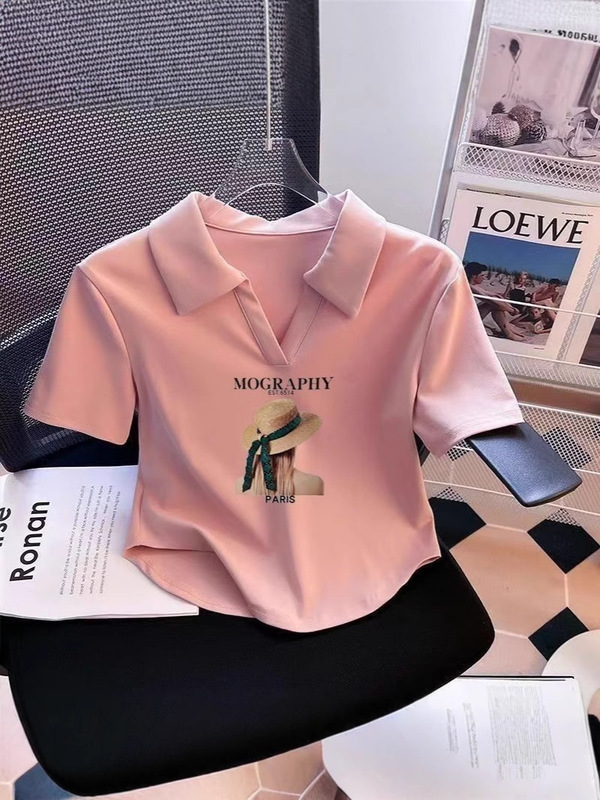 ピンク年齢軽減スリムフィット右肩プリント半袖 Tシャツ女性の夏の純粋な欲望ポロカラーホットガールショートトップ綿|undefined