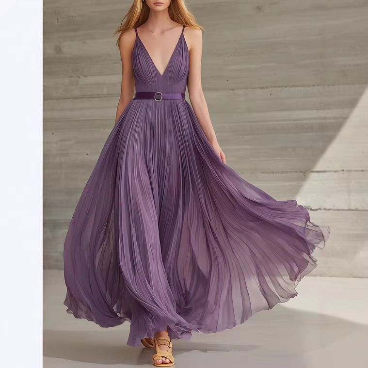 European and American Cross-Border Independent Fashion Website: Fashionable Holiday Party Retro Purple Chiffon Pleated V-Neck Long Dress (with Belt) European and American Cross-Border Independent Fashion Website: Fashionable Holiday Party Retro Purple Chiffon Pleated V-Neck Long Dress (with Belt)