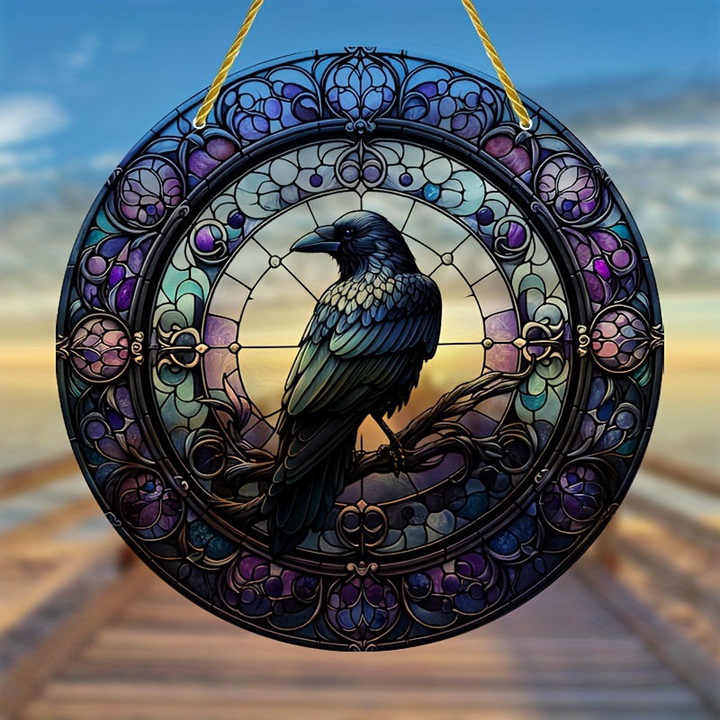 跨境一只树枝上的彩色乌鸦吊饰亚克力标牌窗户悬挂饰品挂件