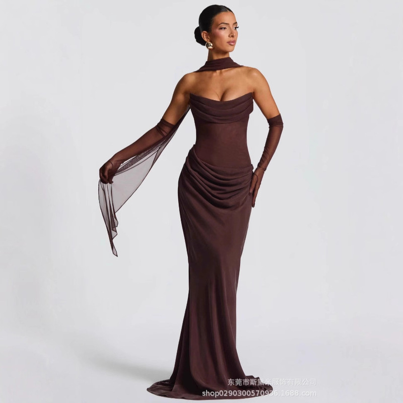 Sdm195 Elegant Mesh Patchwork Strapless Long Dress Two-Piece Set Party Dress Cross-Border Wholesale New