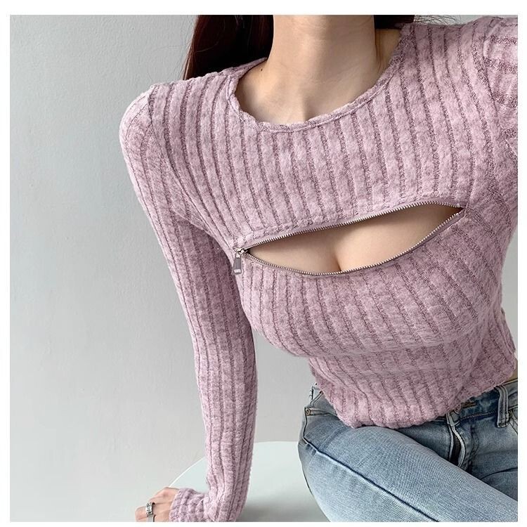 Stylish Hot Girl Knit Top with Chest Zipper and Hollow-Out Design, Tight-Fitting Versatile Short Long-Sleeve Pullover for Women
