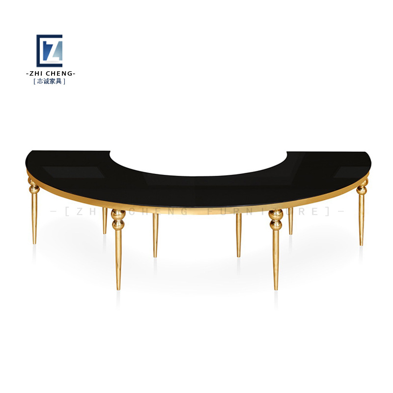 Mesa de boda para exteriores con tablero ovalado de vidrio dorado y acero inoxidable, mesa de comedor combinada para alquiler de banquetes integrada