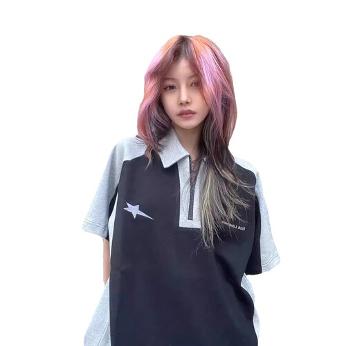 American splicing short-sleeved T-shirt women's summer retro high street contrast preppy style oversize loose couple's top