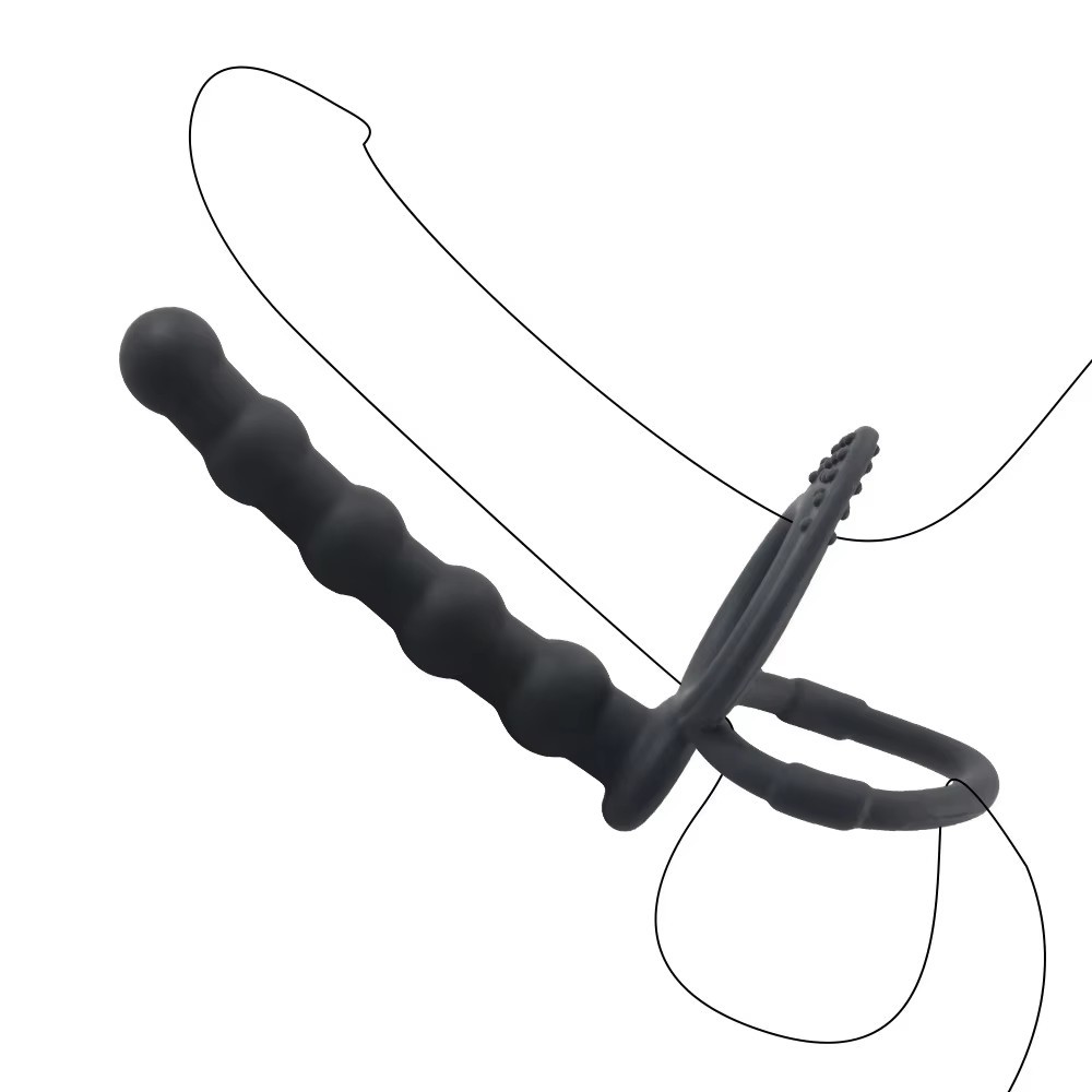 Silicone Anal Plug with Double Ring and Beaded Design, Black Prostate Massager — detail image 7