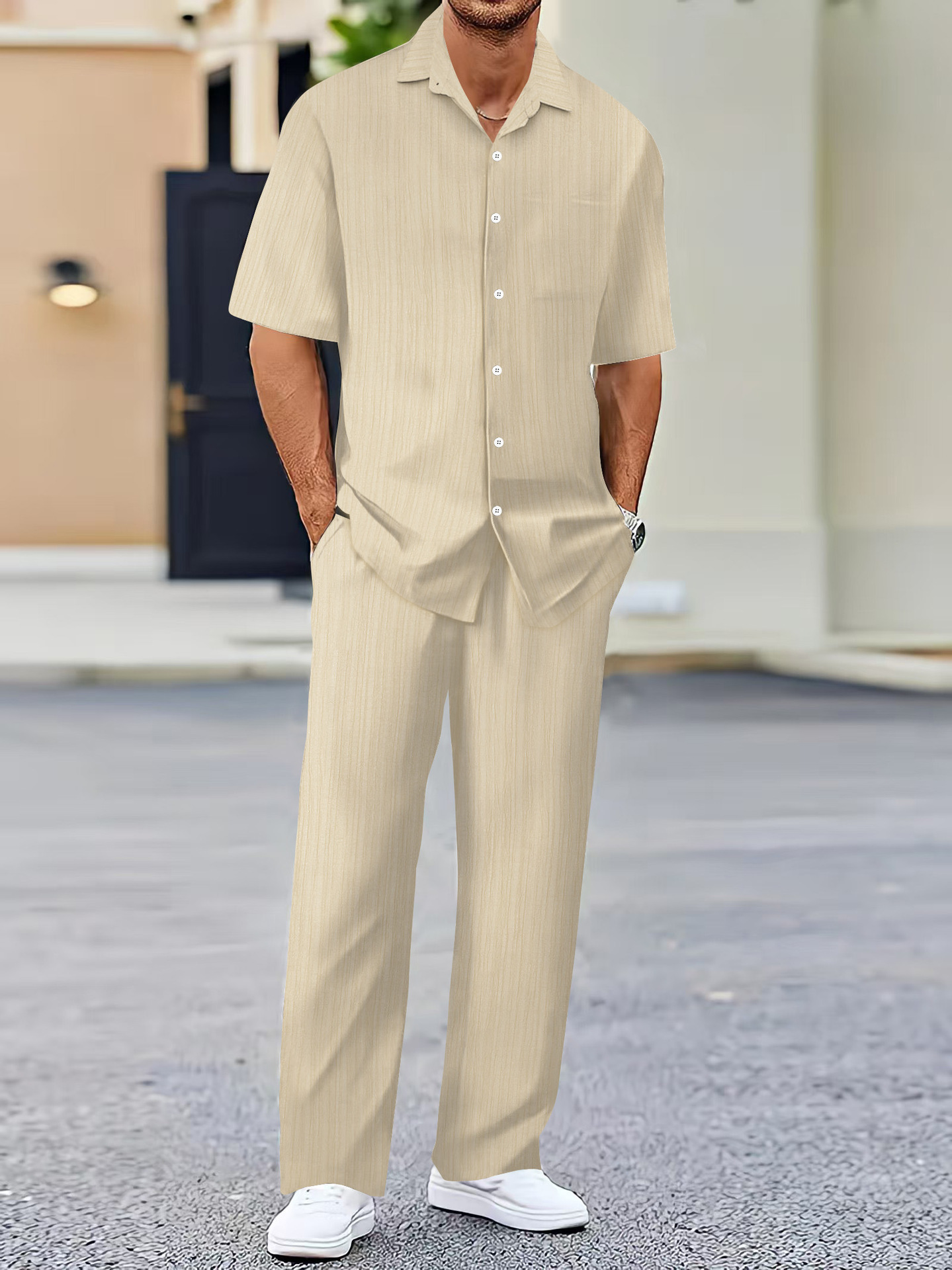 Unbranded Casual Short Sleeve Shirt and Trousers Set 2-Piece Beige