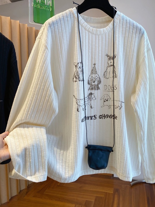 官图秋季新款加大码200斤休闲日常通勤坑条印花t恤女长袖宽松上衣|undefined