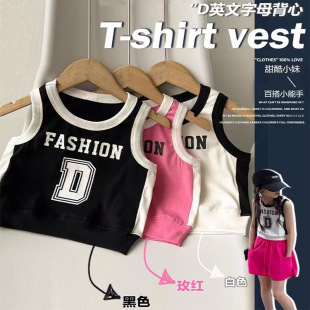 Girls' Vest 2025 Summer Top Korean Children's Sleeveless Undershirt Street Dance T-Shirt with Thin Letter Print
