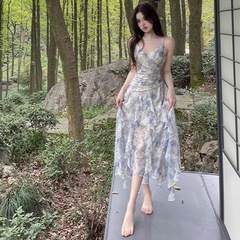 優しい気質ハイウエストフリルグリッタープリントサスペンダースカートドレス女性の夏の新しい妖精スカートビーチスカート