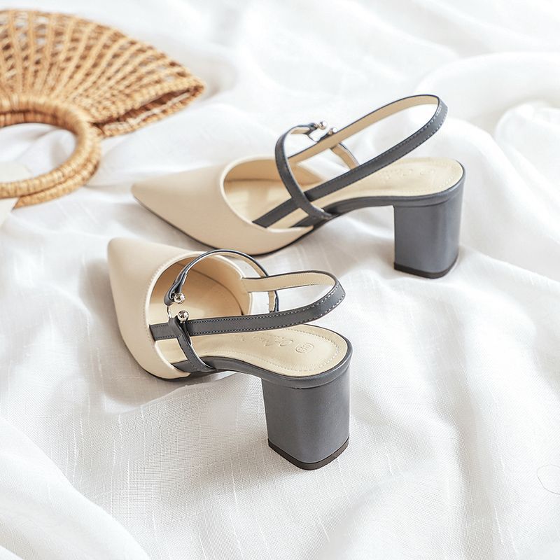 Summer Pointed-Toe High-Heeled Shoes for Petite Individuals, Chunky Heel High-Heeled Sandals, Closed-Toe Versatile New Style, Ultra-Soft Mid-Heel Sandals for Wide Feet