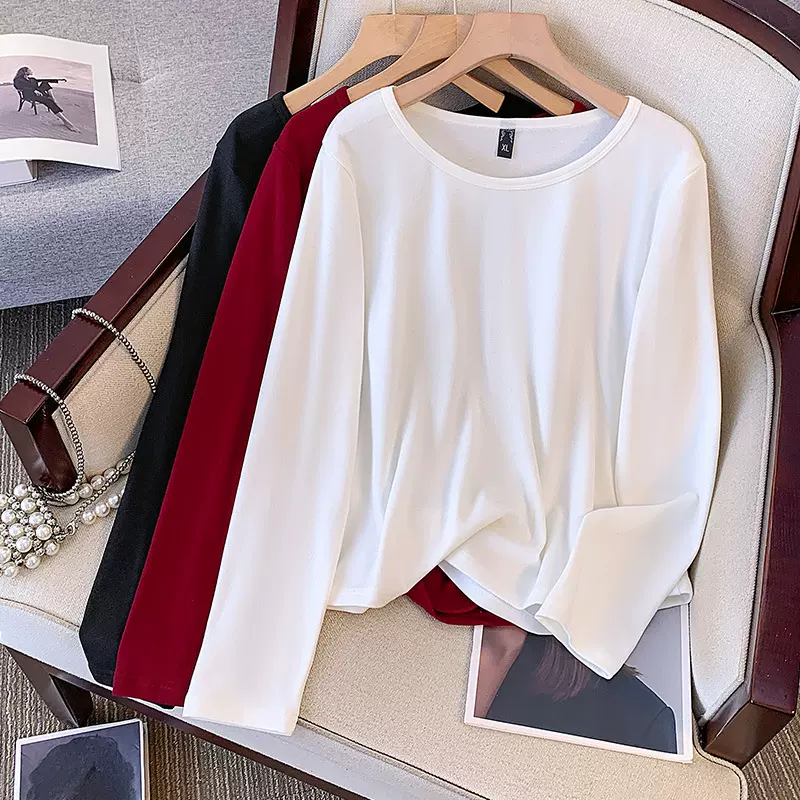 大码打底衫胖mm遮肚圆领上衣200斤胖妹妹弹力针织宽松T恤3451