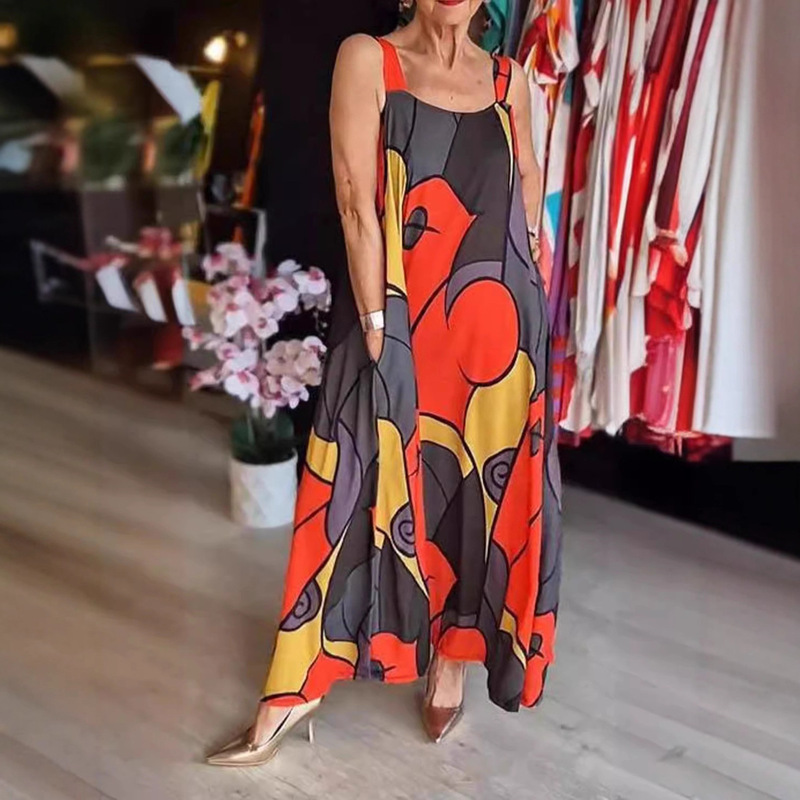 2024 Summer European and American Cross-Border Women's Fashion Hot-Selling Casual Style Sleeveless Dress with Pockets and Geometric Print