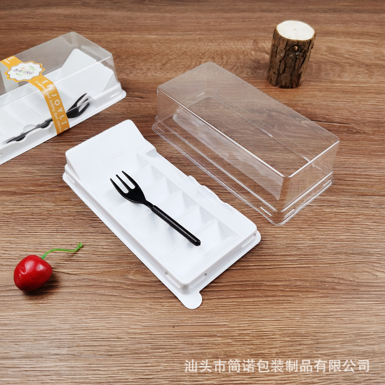 Rollo de pastel caja de embalaje 6 piezas de pastel de frijol verde piel de tigre rollo suizo bloque de corte de caja de tira desechable escalera con tenedor