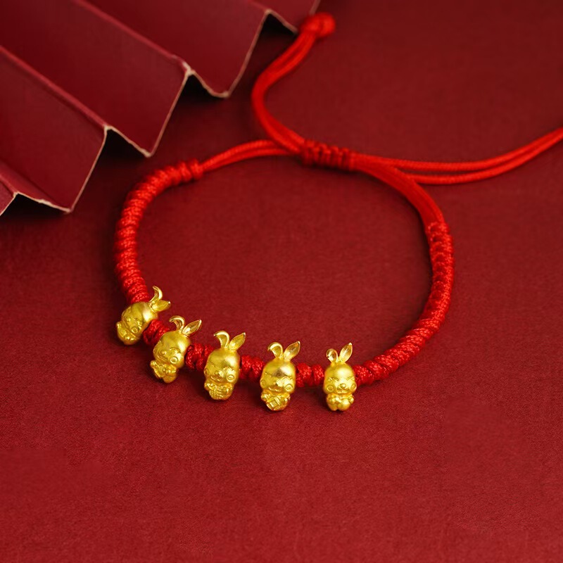 Sand Gold Accessories New Chinese Style Simulated Gold Zodiac Rabbit Braided Bracelet Five Blessings Rabbit Perforated Beads DIY Jewelry Accessories