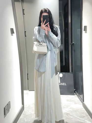 Loose and Lazy Style V-neck Bow Tie Button Loose Multi-purpose Long-sleeved Shirt Small Group Design Sense Shirt Half Skirt ins 