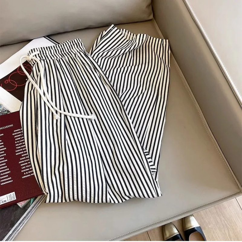 Customizable Embroidered and Printed Lazy Style Casual Striped Pants Versatile Straight-Leg Pants for Women Summer Niche Style for Leisurely Walks Customizable Embroidered and Printed Lazy Style Casual Striped Pants Versatile Straight-Leg Pants for Women Summer Niche Style for Leisurely Walks
