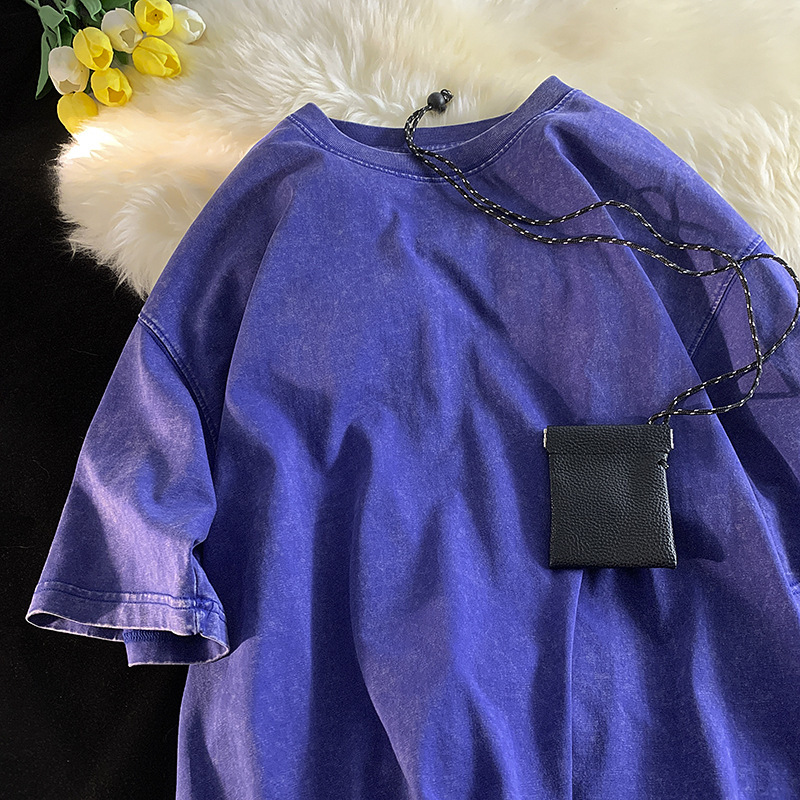 Nueva tendencia de algodón puro batik retro suelto de manga corta salteado de color lavado viejo camiseta pareja masculina dopamina top