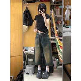 美式复古直筒牛仔七分裤女夏季2026新款高腰宽松辣妹阔腿7分中裤