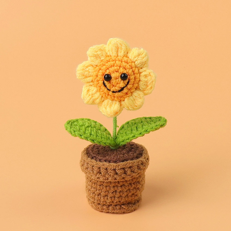 完成品クロスボーダー手作りウールかぎ針編み忘れなしひまわり模擬花鉢植えクリエイティブデスクトップ装飾品車の装飾造花|undefined