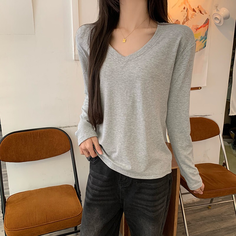 7144 # Actual Shot [260g Modal Thread] V Neck Long-Sleeved T-Shirt Women's Spring, Autumn and Winter Bottoming Shirt with Wide Inner