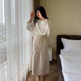 2026跨境韩系慵懒风两件套女宽松泡泡袖衬衫+鱼尾半身裙套装时尚