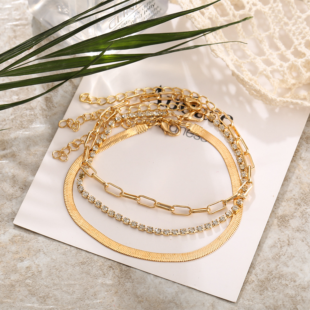 retro multi-layer chain full diamond anklet three-piece set