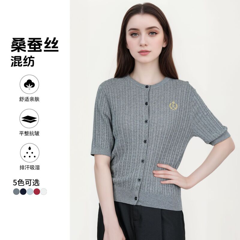 Twiggled Tencel Button Cardigan Women's Miu Style Spring and Summer Round Neck Short Sleeve Raff Lake-blue Knit Women's TN2 Twiggled Tencel Button Cardigan Women's Miu Style Spring and Summer Round Neck Short Sleeve Raff Lake-blue Knit Women's TN2