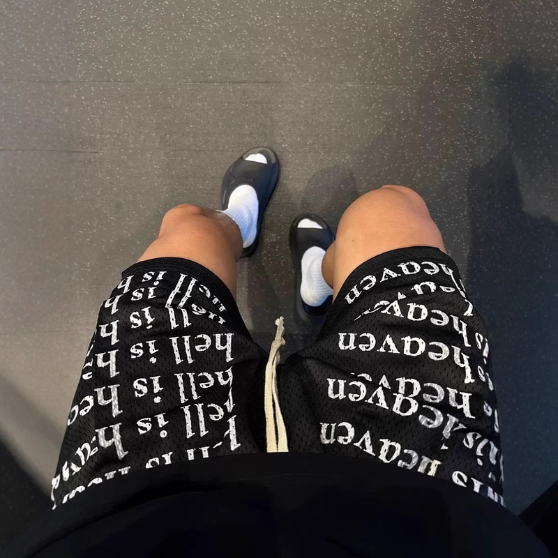 American Style High Street Letter Full Print Drawstring Shorts Summer Mesh Fitness Pants Retro Loose Casual Basketball Sports Pants