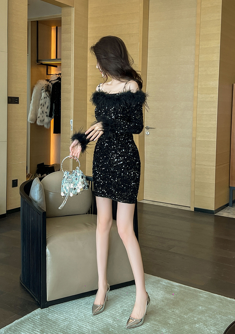 Đầm ôm body nữ dự tiệc cổ yếm đính sequin — Màu đen chi tiết 8