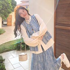 春季2025新款设计感马甲半身裙三件套蓝色小清新牛仔提花套装裙女