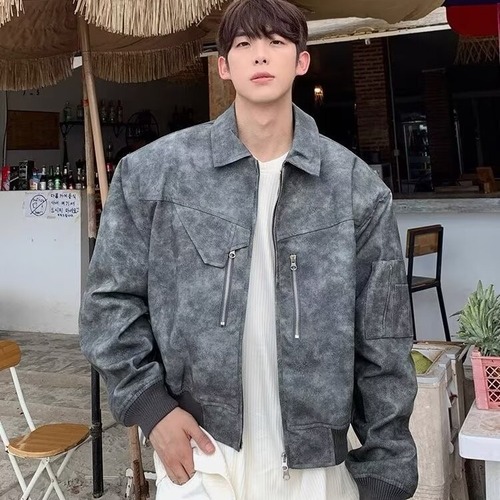 Vintage American-style distressed color jacket for men and women, spring and autumn zipper decoration PU leather coat outerwear, men's high-end top