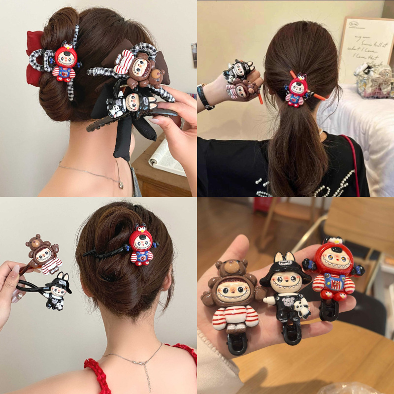 漫画ラブブ風ツイストヘアクリップ、2025年新作ヘアピン、女性用後頭部ヘアゴム、リボン付き|undefined