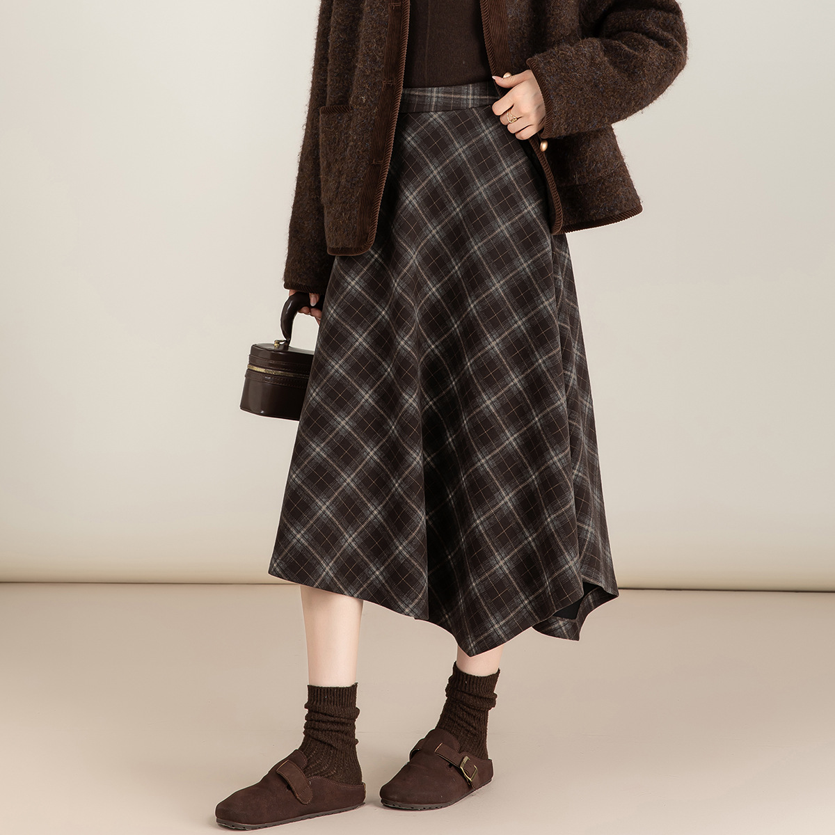 Xinge Woolen Plaid Asymmetrical Skirt Women's Winter New High-Waist Slim Versatile Mid-Length A-Line Skirt