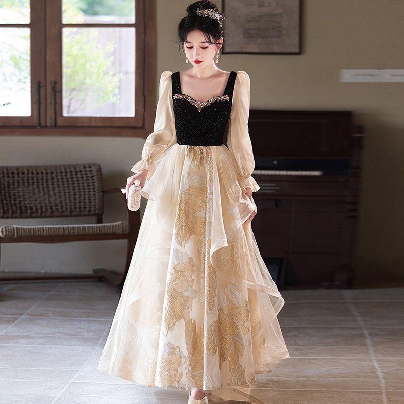 Đầm dạ hội cổ vuông tay dài kiểu Pháp thanh lịch, phù hợp dẫn chương trình, chơi đàn piano — Màu như hình
