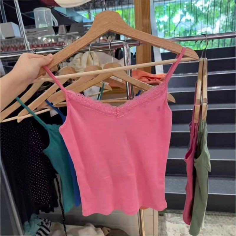 BM style girly Barbie pink lace V-neck camisole for women, BM summer slim-fit versatile short top BM style girly Barbie pink lace V-neck camisole for women, BM summer slim-fit versatile short top