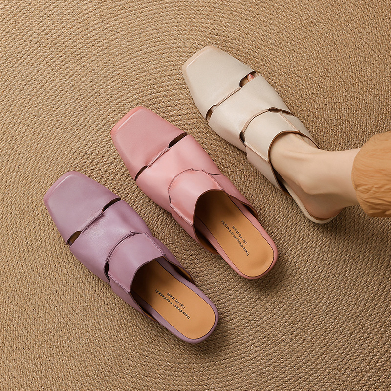Washed Horse Skin Baotou Slippers Women's 2025 Summer New Square Heel Shoes Pink Muller Half Slippers Wholesale