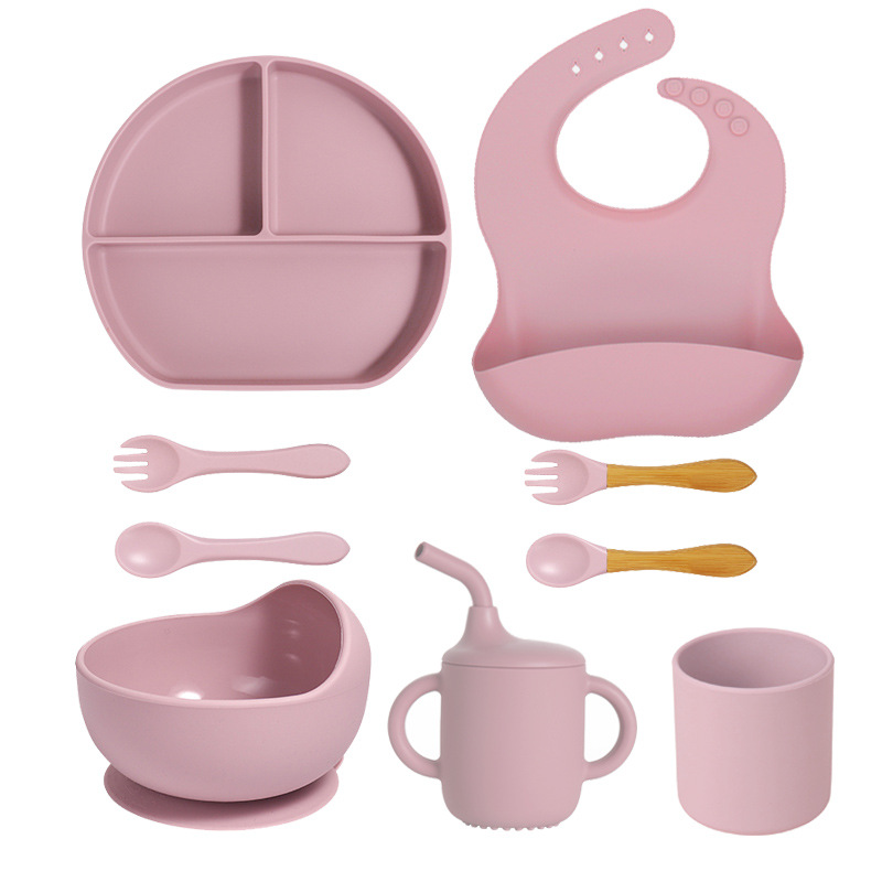 Precio bajo de la fábrica libre combinación de silicona bebé placa niños suplemento alimenticio tazón cuchara taza de agua babero traje