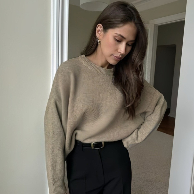 2026 Cross-Border Loose and Lazy Style Short Sweater for Women | European and American Style Pullover Loose Knit Long-Sleeved Round Neck Top