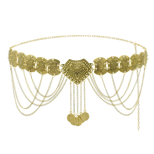 New alloy flower tassel waist chain heavy industry coin belly dance chain ancient Dunhuang flying accessories dress waist