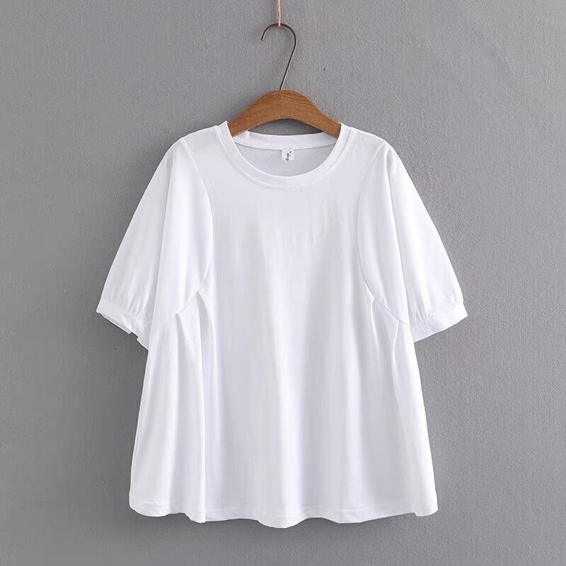 Plus Size Women's Clothing for Fat Girls, Short-Sleeved T-Shirts, New Style Loose Puff Sleeves, Round Neck Babydoll Shirts, Tops for Pregnant Women