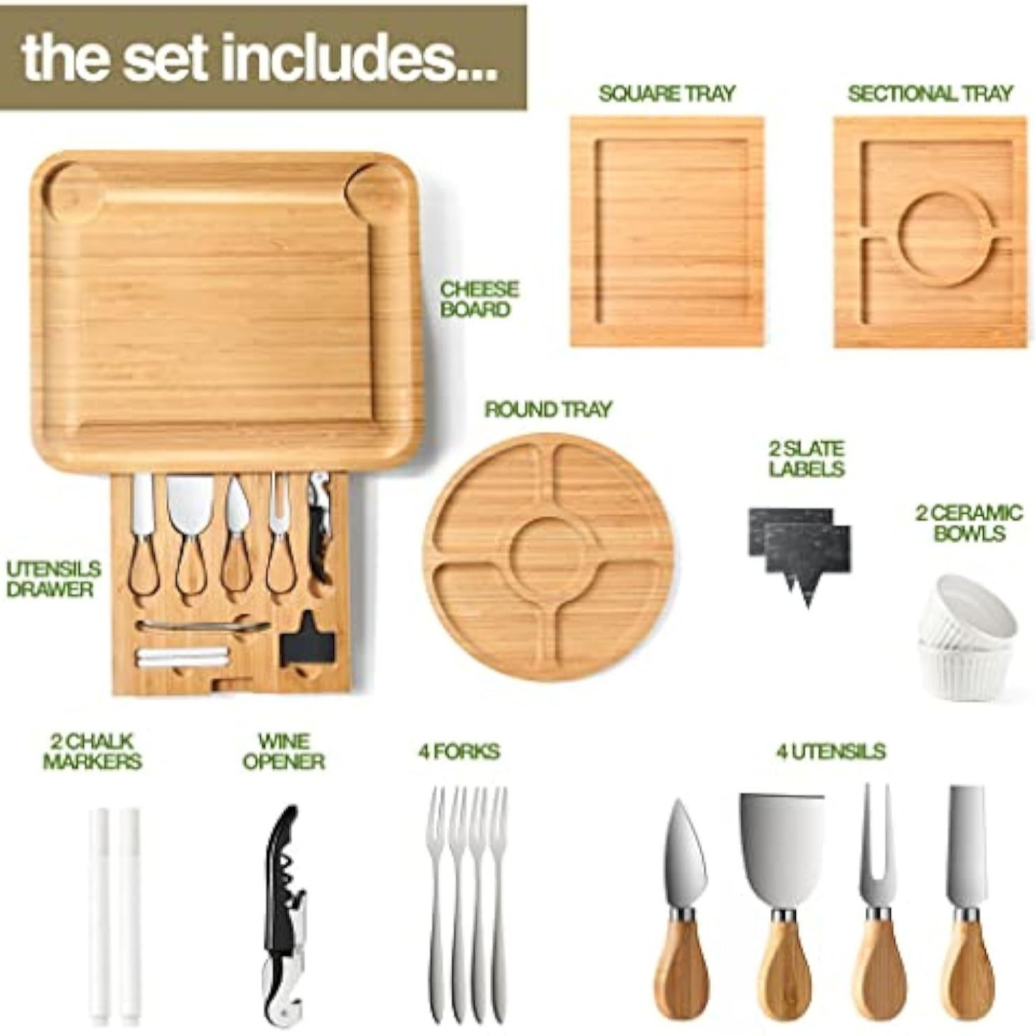 Venta a granel de bambú de tres cajones de queso con embalaje y accesorios de cuchillo de queso con logotipo grabado