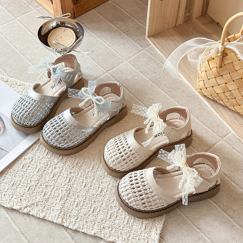 Niñas sandalias de tejido 2026 verano nuevo niño moda suave princesa zapatos de la niña arco hueco zapatos image 5