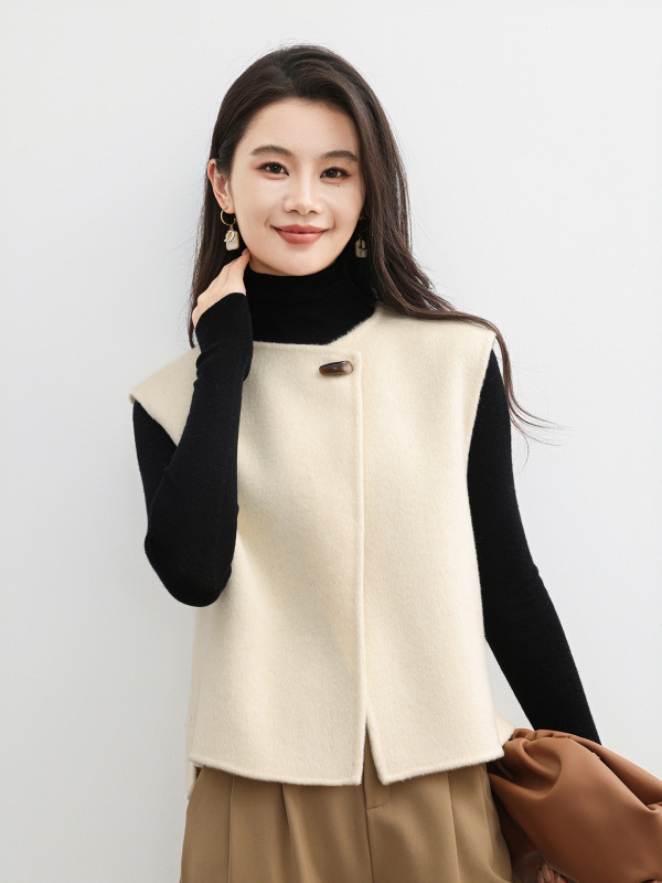 通勤灰色斜门襟圆领羊毛马甲女2025春秋季新款时尚洋气呢子坎肩女|undefined