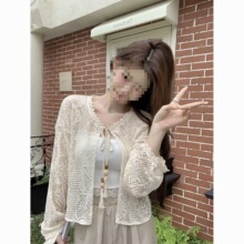 春夏季新款防晒蕾丝开衫度假编织镂空短款外套小衫系带