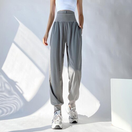 Outdoor quick-drying sports pants for women, high-waisted, buttoned, tummy-tightening, leggings, loose dance yoga pants, sweatpants, casual fitness summer